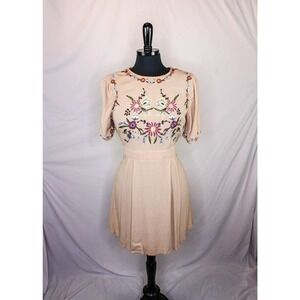 Blue Rain Dress Embroidered Mini Tan Floral Size M